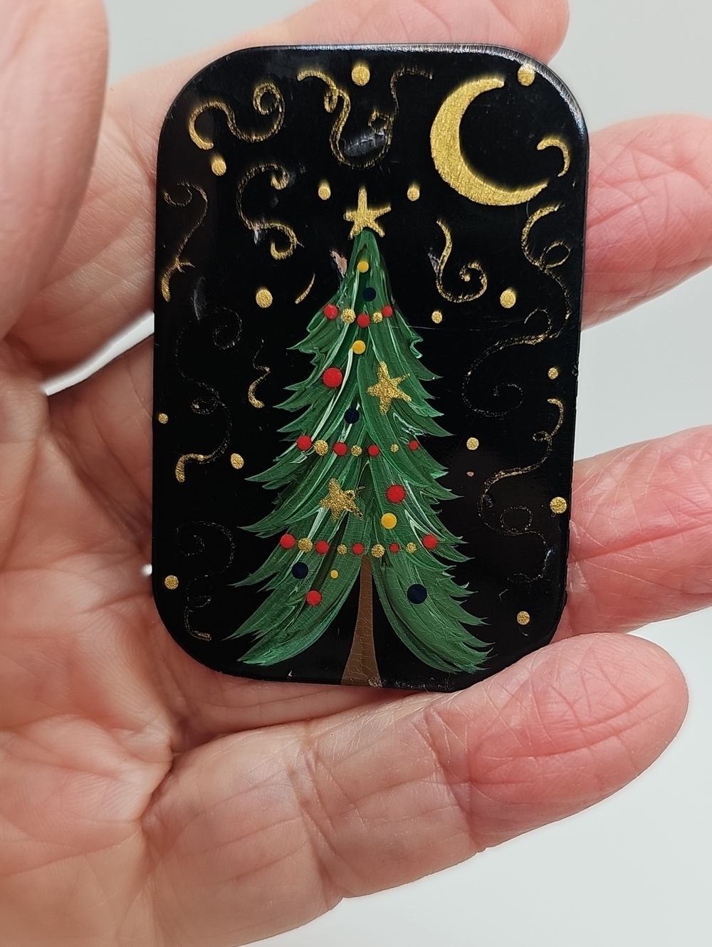 Hand-Painted Black Copper Holiday Brooch with Green Christmas Tree Sighned.